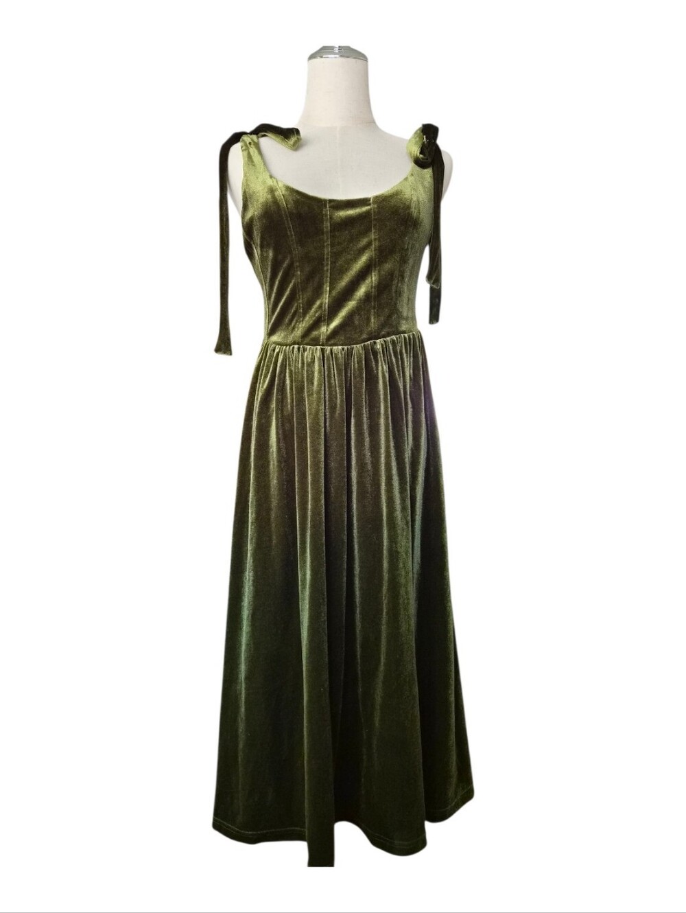 Cider Green Velvet Midi Dress Tie Shoulder Cottagecore Fairycore Size Small NWT